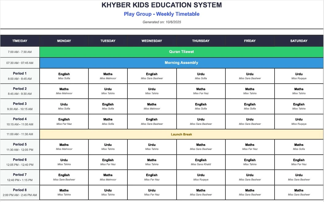 Professional School Timetable Management System - Beautiful Timetable Example
